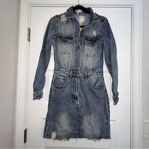 New, Malibu Bum Long Sleeve Button Front Distressed Denim Dress